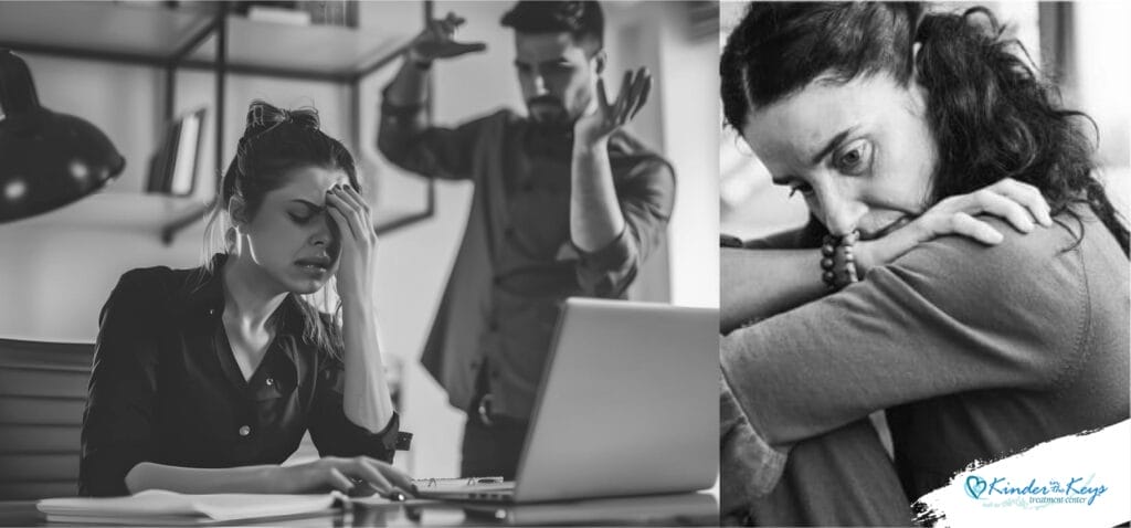 A woman sitting with her head down, appearing distressed, while a boss stands over her with a stern expression, pointing or gesturing emphatically. The scene conveys the emotional trigger of anxiety and mental breakdown caused by workplace conflict or pressure.