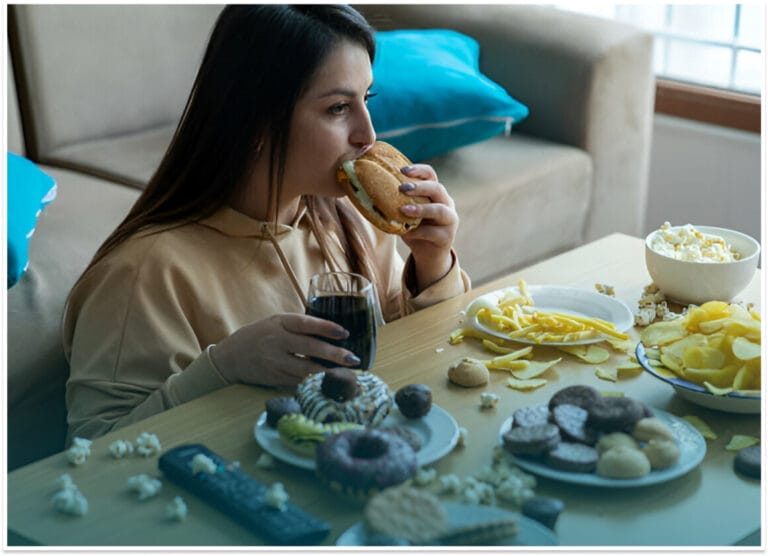 Visual depiction of binge eating disorder in a common domestic setting.