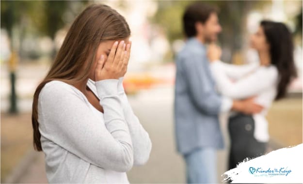 A woman crying as she watches her boyfriend meeting another woman, her expression filled with heartbreak and sadness, capturing the emotional pain of betrayal.