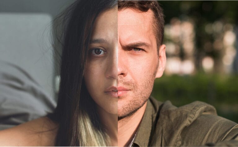 A composite image showing half of a woman’s face merged with half of a man’s face. Their expressions are neutral, and the visual split symbolizes contrast and interconnectedness—reflecting gender differences, shared emotional experiences, or mental health dynamics.