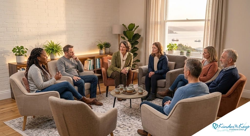 Group of adults sitting in a circle during a therapy or support group session in a comfortable counseling room.